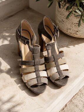 Cole Haan Multi-Tone Gray Tan Cream Suede Strappy Sandals